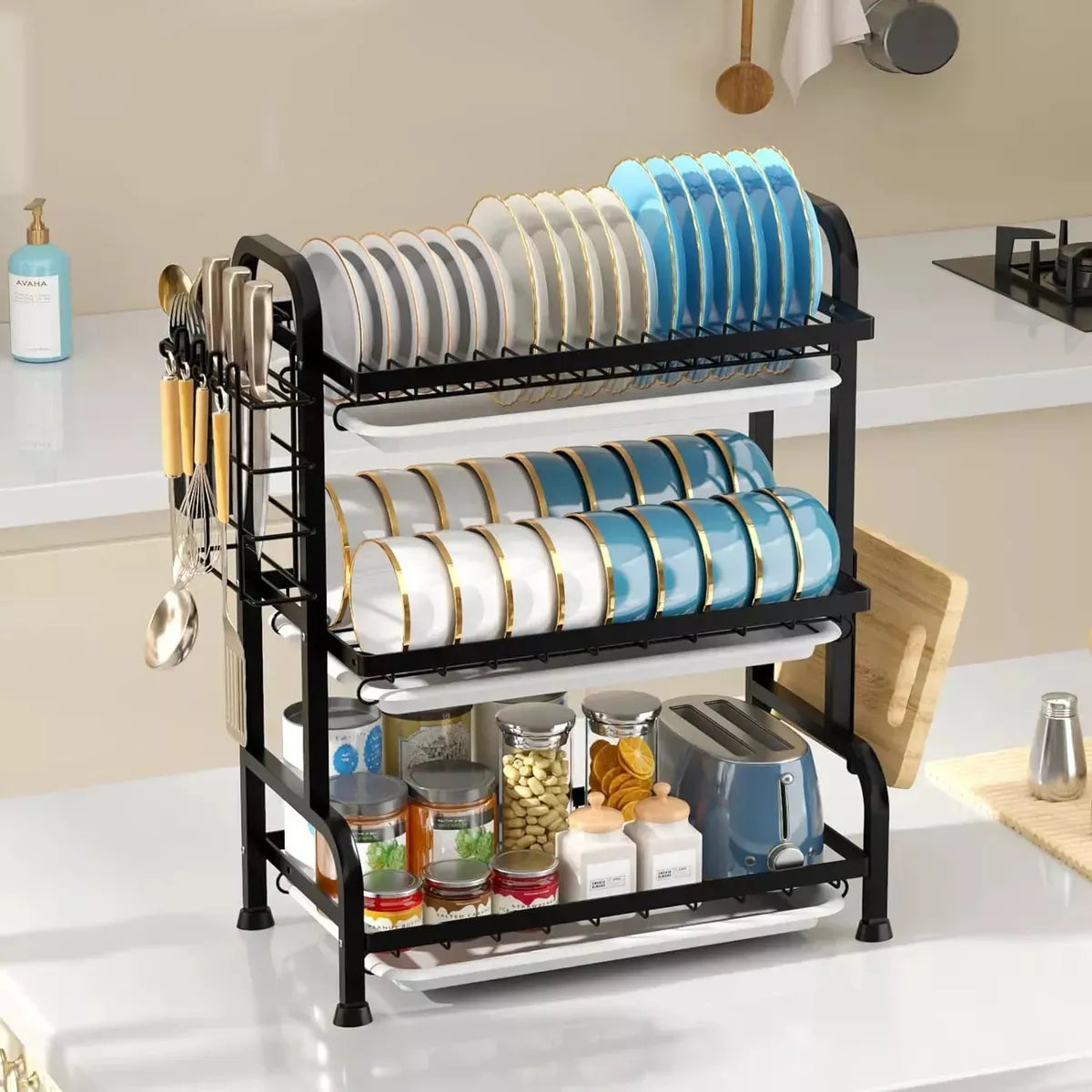 🍽️ Platero Escurridor de Platos y Organizador de Loza – 3 Niveles de Orden y Estilo🍽️