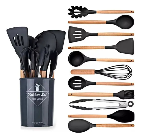 Set De 12 Utensilios Para La Cocina En Silicona Color Negro