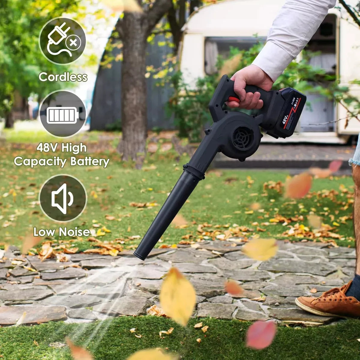 🍃 Soplador Eléctrico Recargable 48V – Potencia portátil para tu hogar y jardín💨🍃